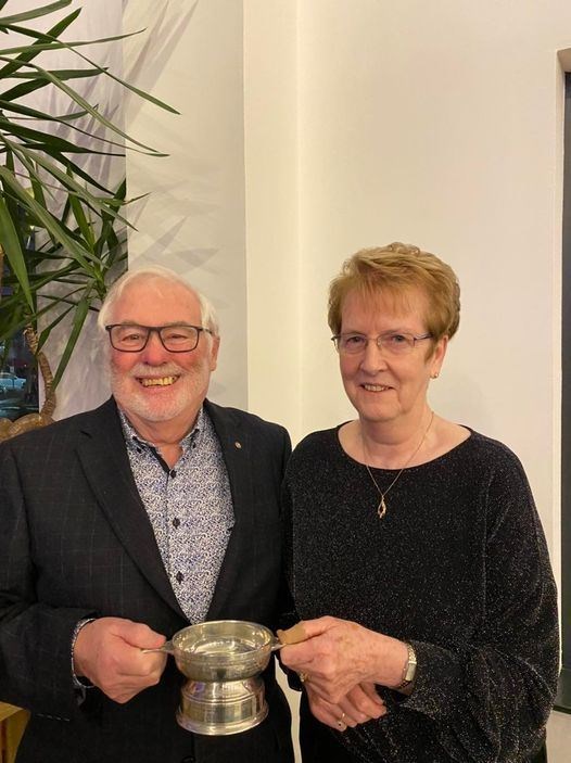 Rotary Elgin team leader of communications Sheila Campbell is presented with the St Andrew's Quaich by club president Ian Brodie.