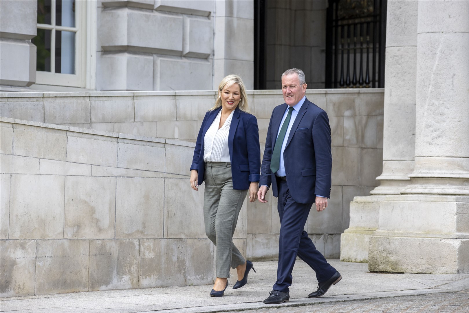 Sinn Fein vice president Michelle O’Neill and Conor Murphy outside Belfast City Hall (Liam McBurney/PA)
