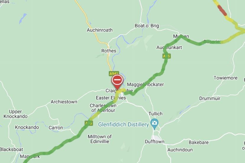 The A95 remains closed in both directions at Craigellachie.