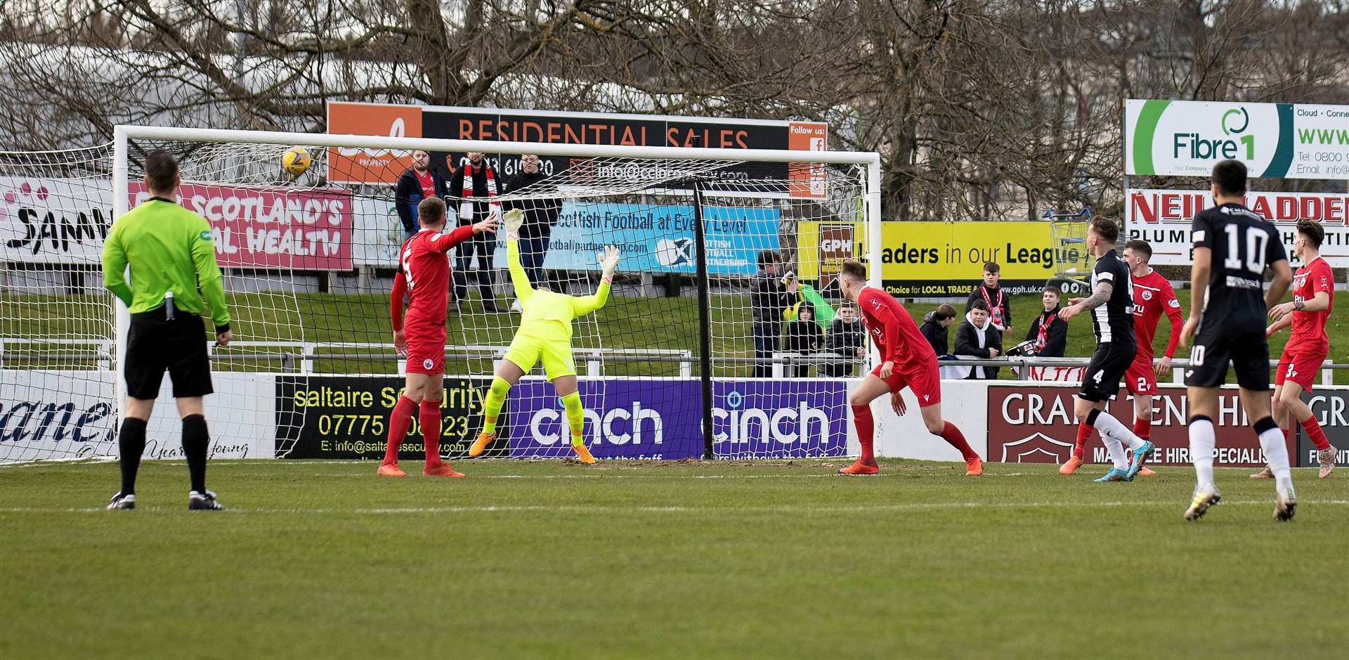 Darryl McHardy watches his shot hit the Stirling Albion net to make it 1-0 Elgin City. Photo: Bob Crombie