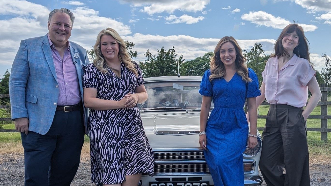 Steven Moore, Sara Davies, Amy Dowden and Natasha Raskin Sharp on Celebrity Antiques Road Trip (BBC/STV Studios/PA)