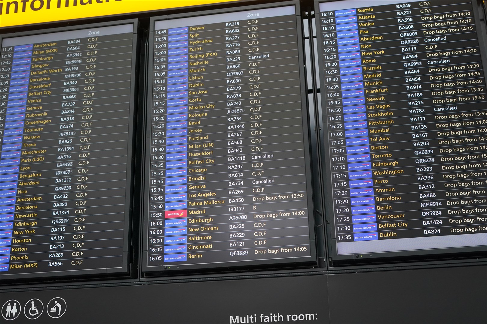 A departure board at Heathrow Airport as disruption from air traffic control issues affected flights (Lucy North/PA)