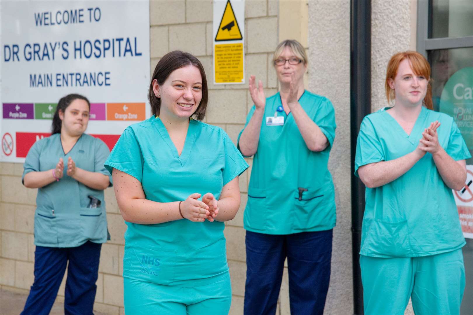 NHS workers at Dr Gray's Hospital join in with Thursday's 8pm nationwide applause for their fellow key workers during the coronavirus pandemic. ..Picture: Daniel Forsyth..