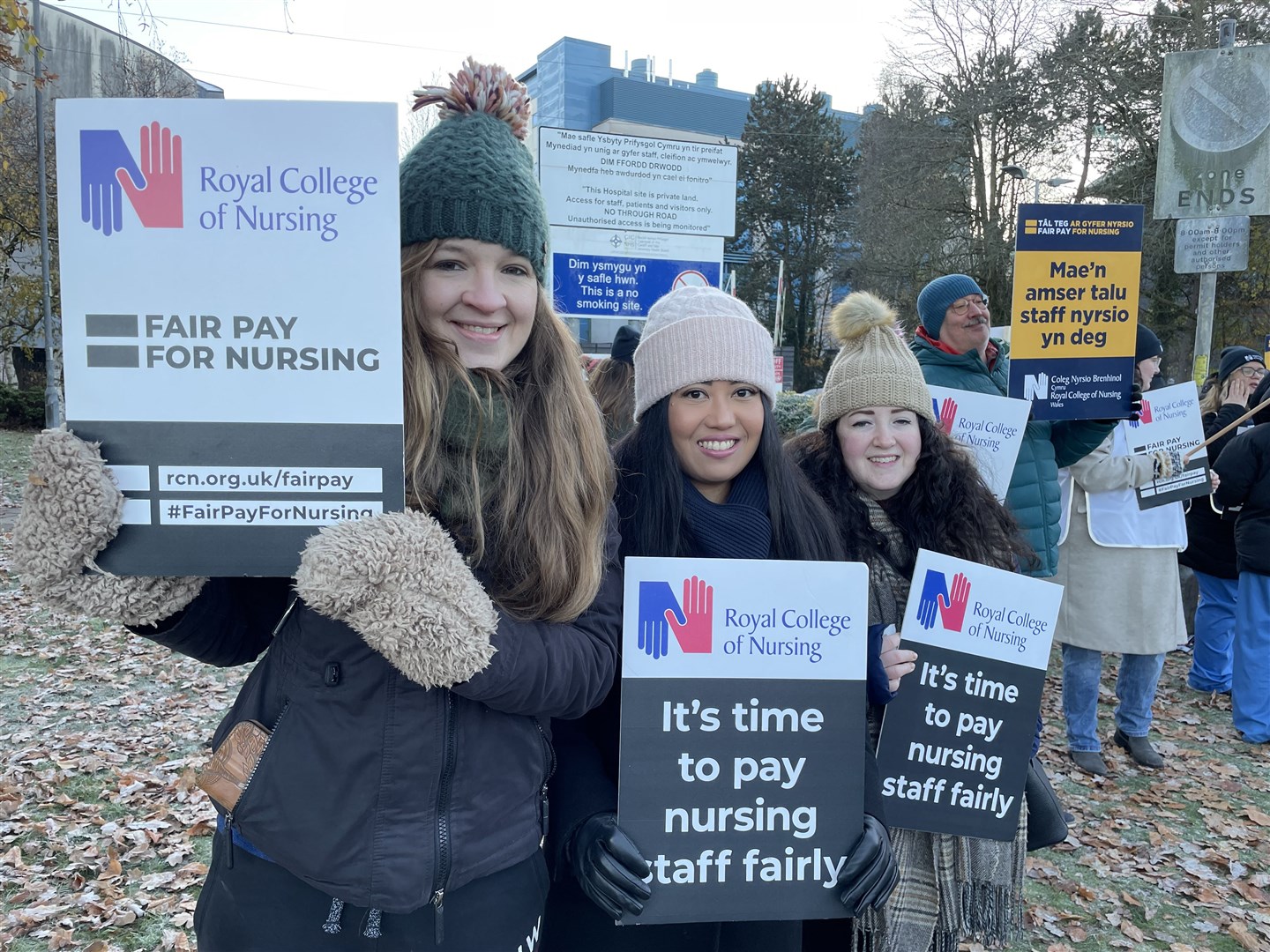 Members of the RCN on the picket line outside the University Hospital Wales in Cardiff (Bronwen Weatherby/PA)