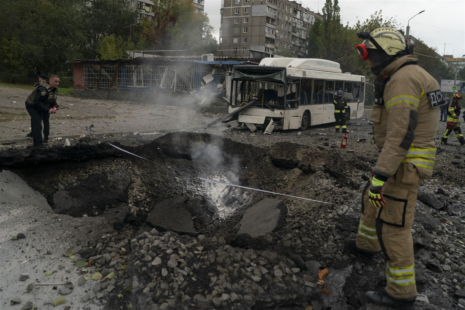 The site of an attack in Dnipro (Leo Correa/AP)