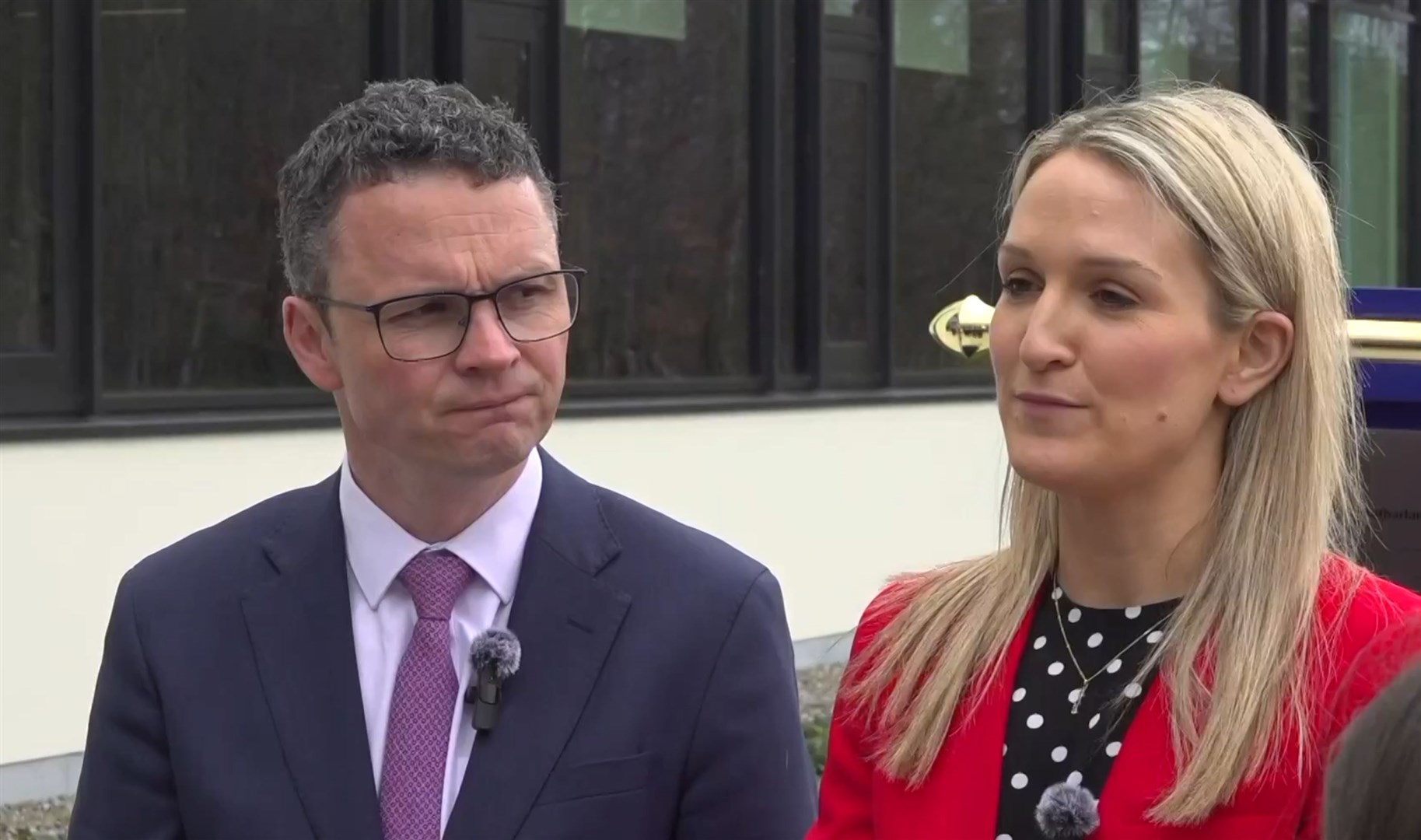 Minister of State Patrick O’Donovan and Minister for Justice Helen McEntee at the Backweston Laboratory Campus in Co Kildare talking to the media about the Fine Gael leadership contest as McEntee rules herself out (PA video)