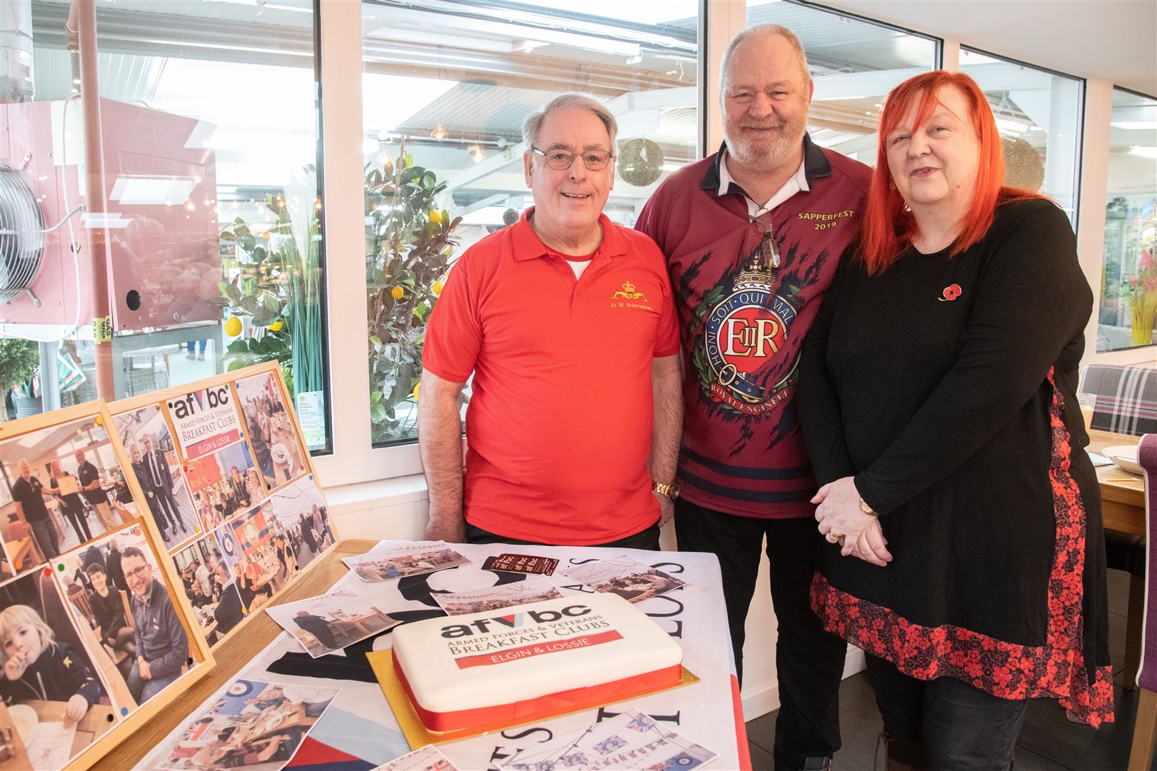 From left; Paul Williams (regular attendee), Dougie France and Tracie France (group founders)...The Elgin and Lossiemouth Armed Forces Veterans Breakfast Club celebrate thier first anniversary at the Millers Cafe in Decora. ..Picture: Daniel Forsyth..