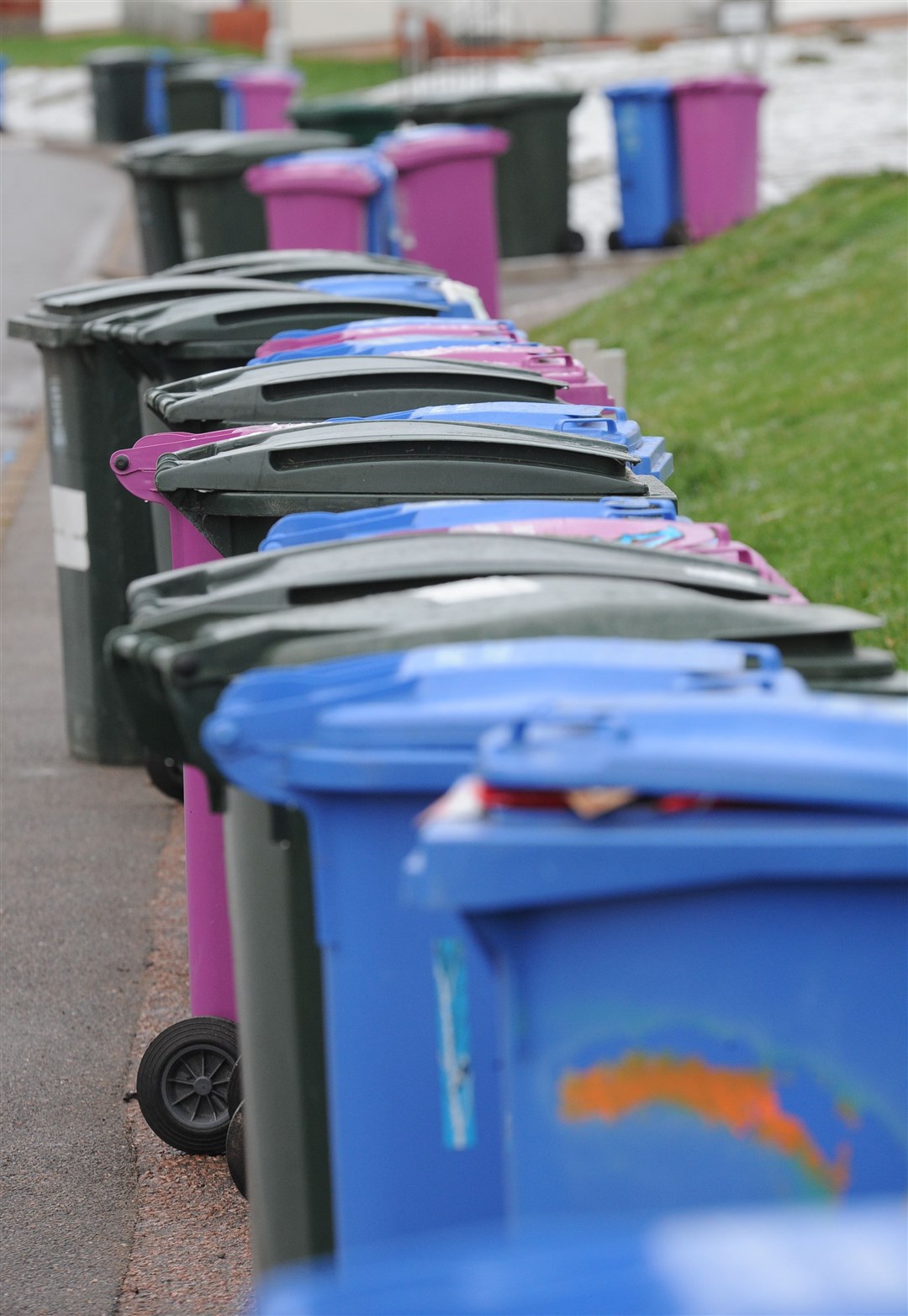 Blue and purple recycling bin collections will restart from April 20. Picture: Eric Cormack.