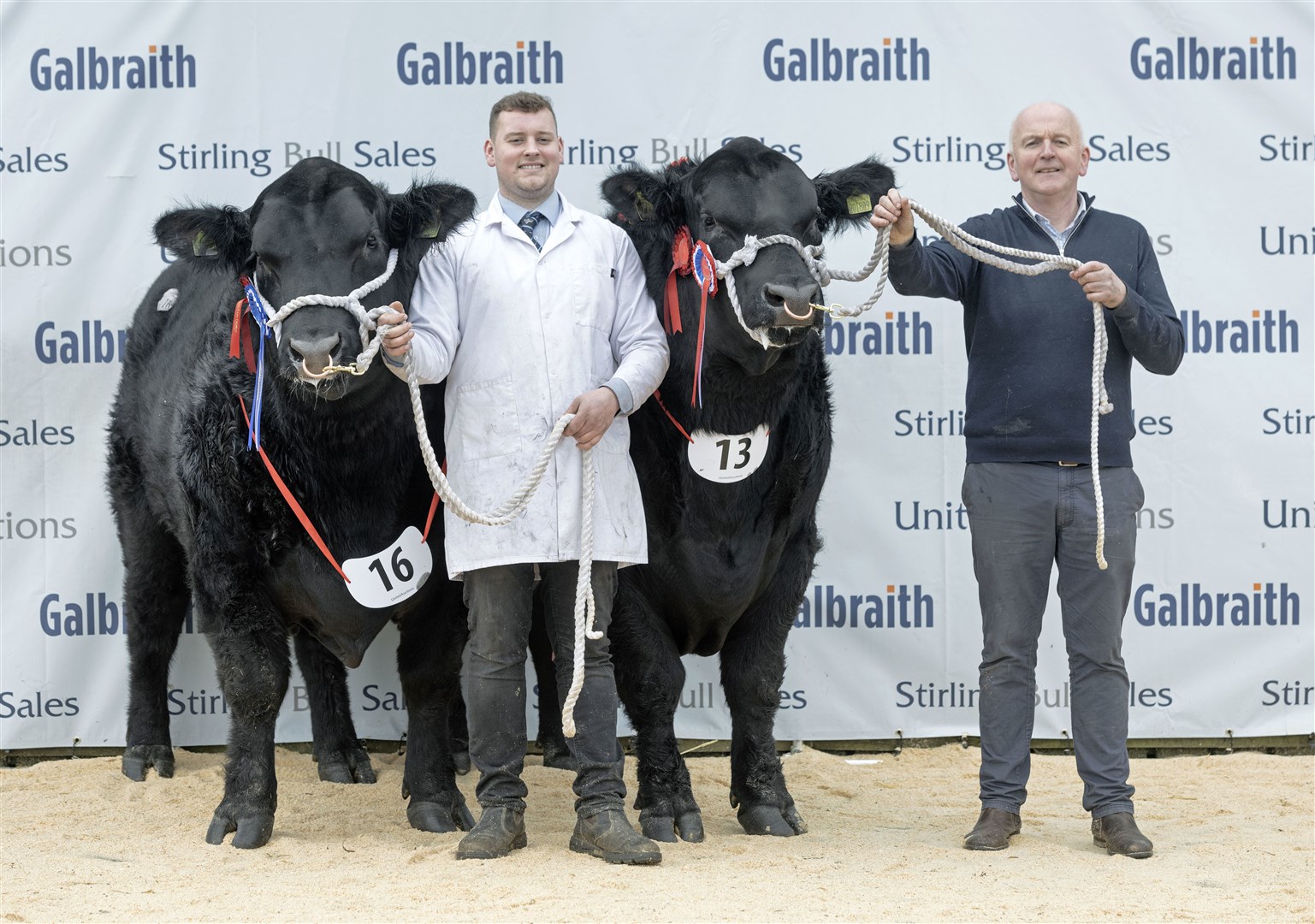 Neil and Mark Wattie with their Aberdeen-Angus champion and reserve which sold for 24,000gns and 16,000gns. The champion is on the right with Neil Wattie at the halter and his son, Mark, is holding the reserve champion on the left. Picture: Ron Stephen Photography