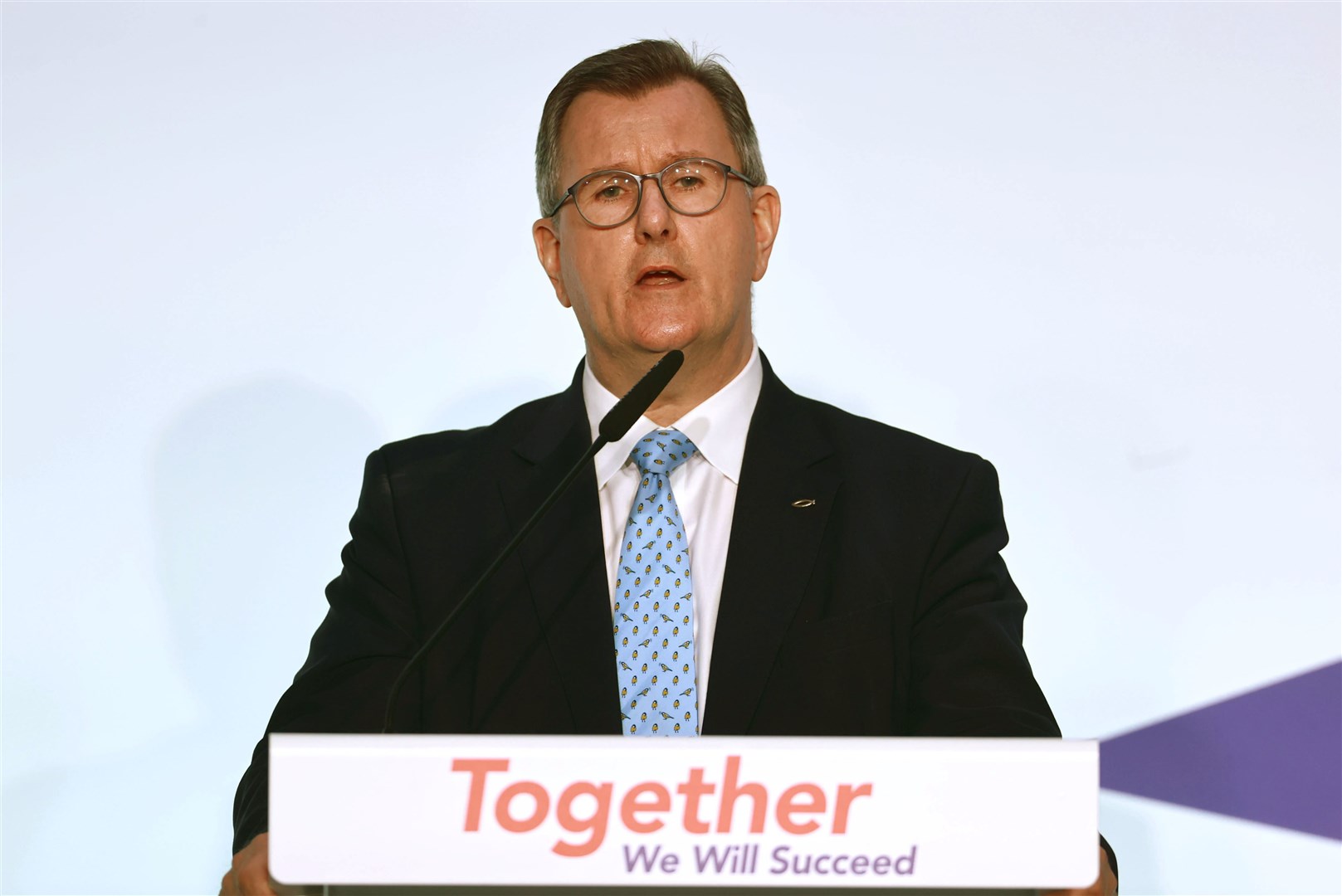 DUP leader Sir Jeffrey Donaldson told his party’s annual conference that powersharing was essential to securing the Union (Liam McBurney/PA)