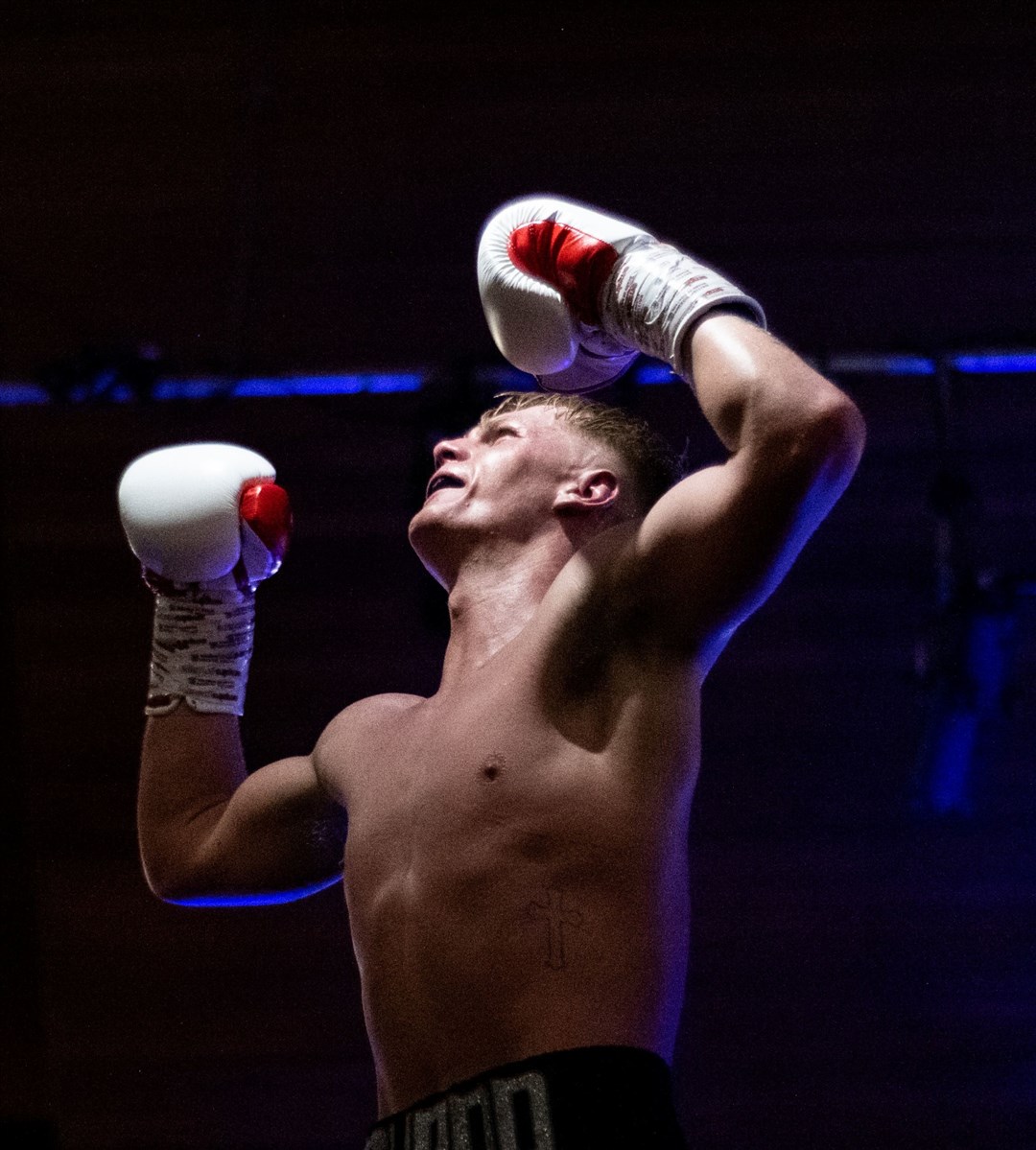 Scottish middleweight title glory for Fraser Wilkinson who defeated Ben McGivern at Elgin Town Hall. Picture: Daniel Forsyth.