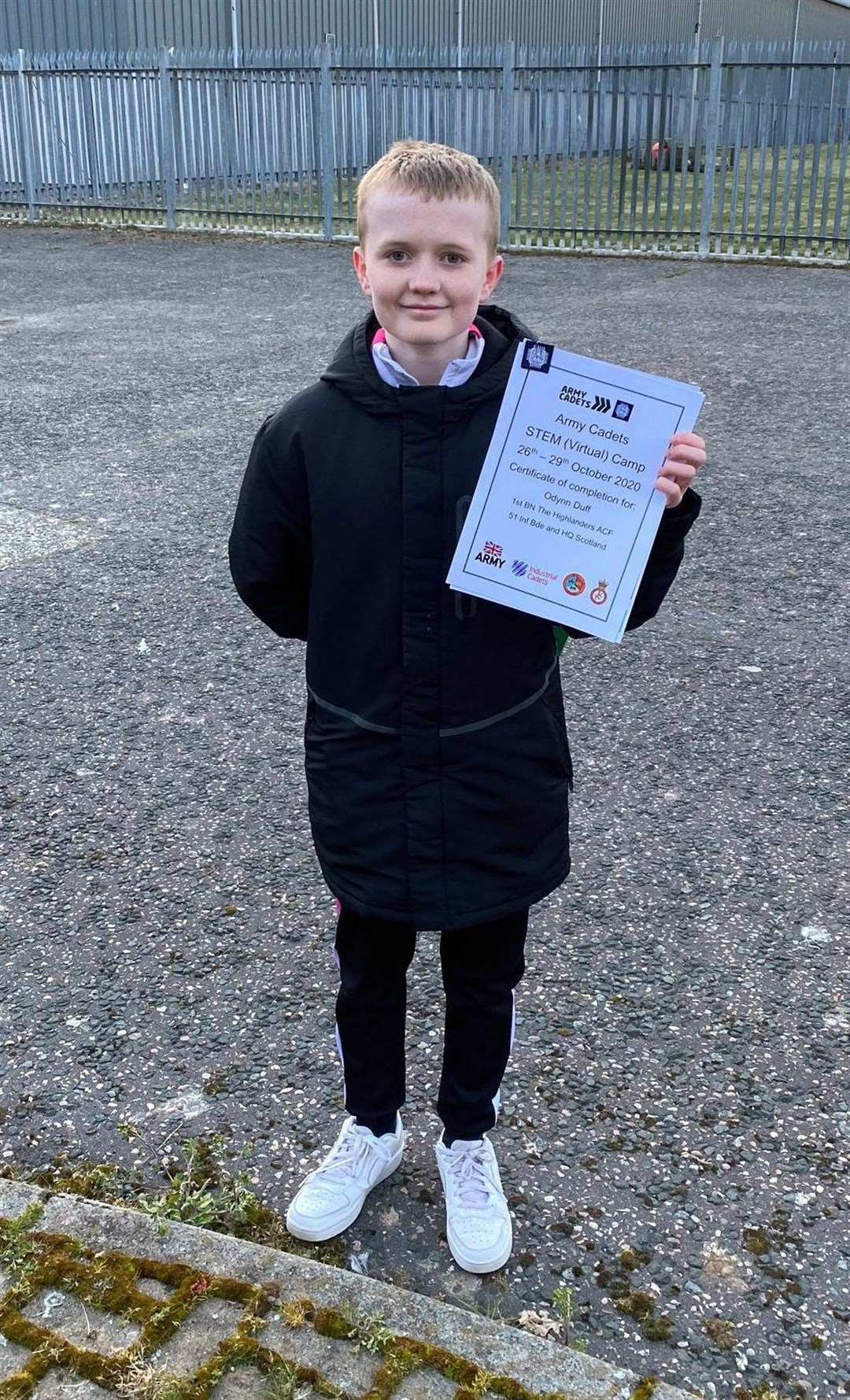 Cadet Odynn Duff was presented with a certificate for attending the Army Cadets' virtual STEM camp in October last year.