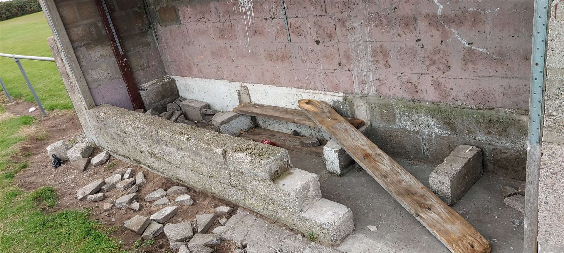 The dugouts lie trashed after being targeted by vandals. Pictures: Buckie Rovers