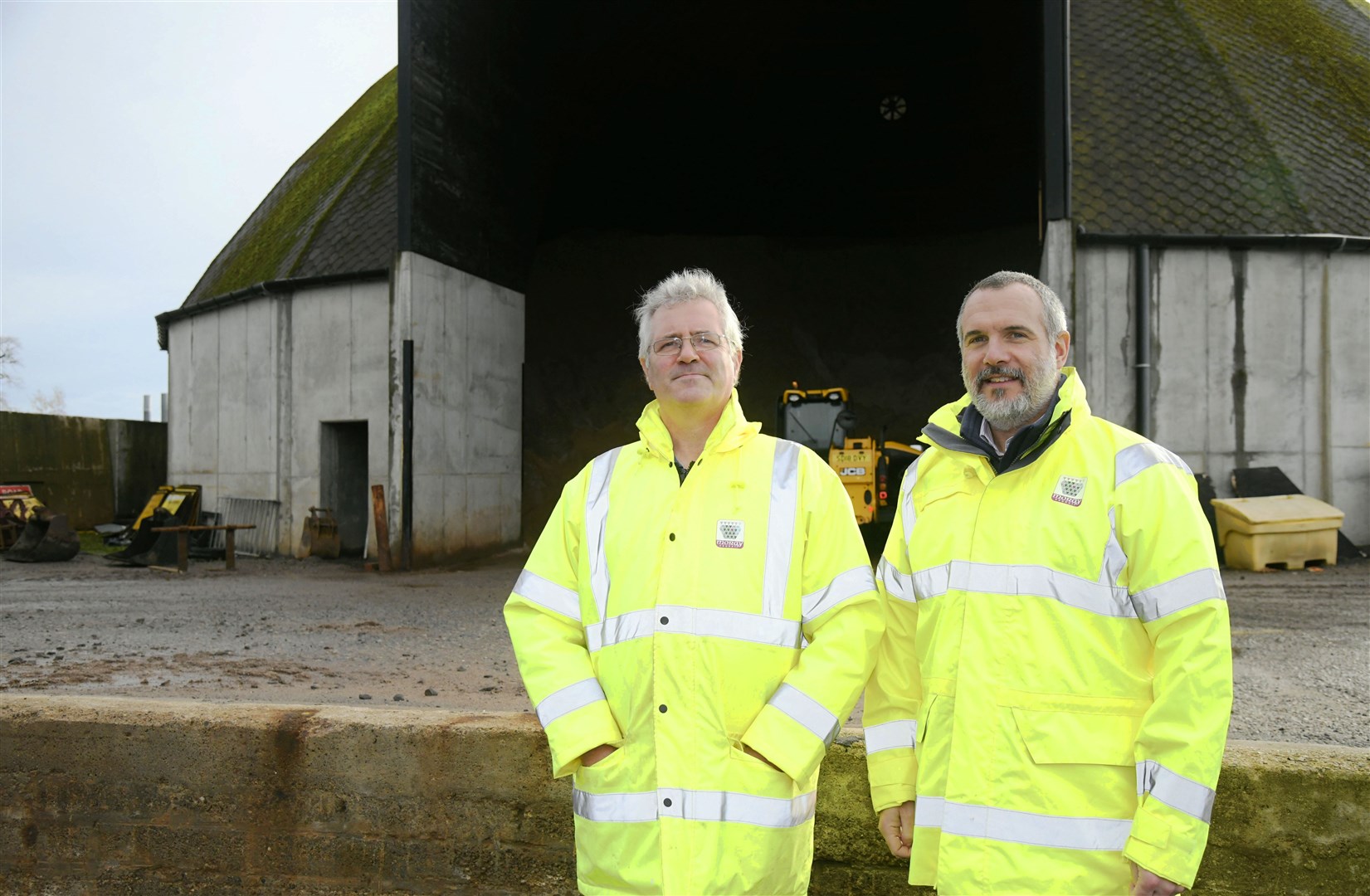 Glen Hopkins (left) and Grant Brotherston (right) in front of the salt dome in Elgin in preparation for its winter maintenance programme...Picture: Beth Taylor.