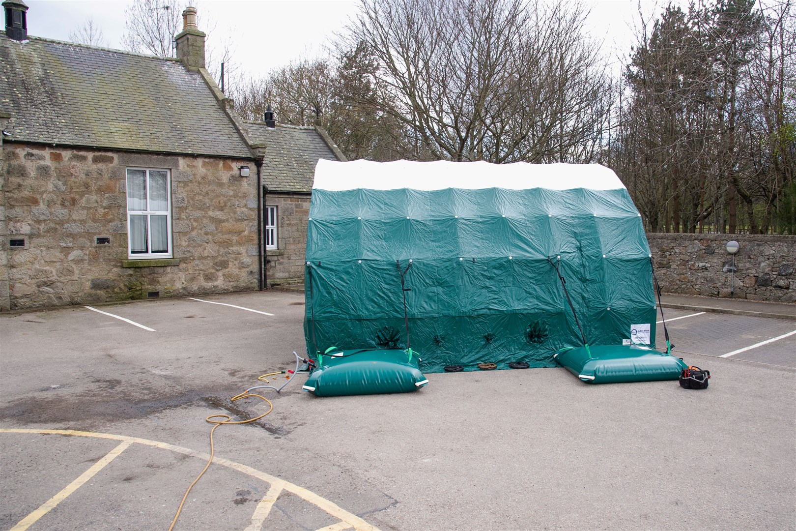 Still behind fencing for now, a tent has been set up in the car park of the Jubilee Hospital Huntly to help tackle the COVID19 virus. ..Picture: Daniel Forsyth..