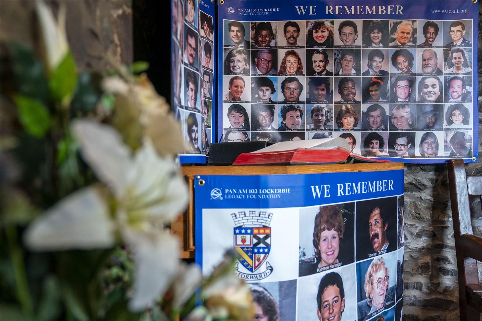 Portraits of some of the victims in the Remembrance Room in the grounds of Tundergarth Church (Jane Barlow/PA)