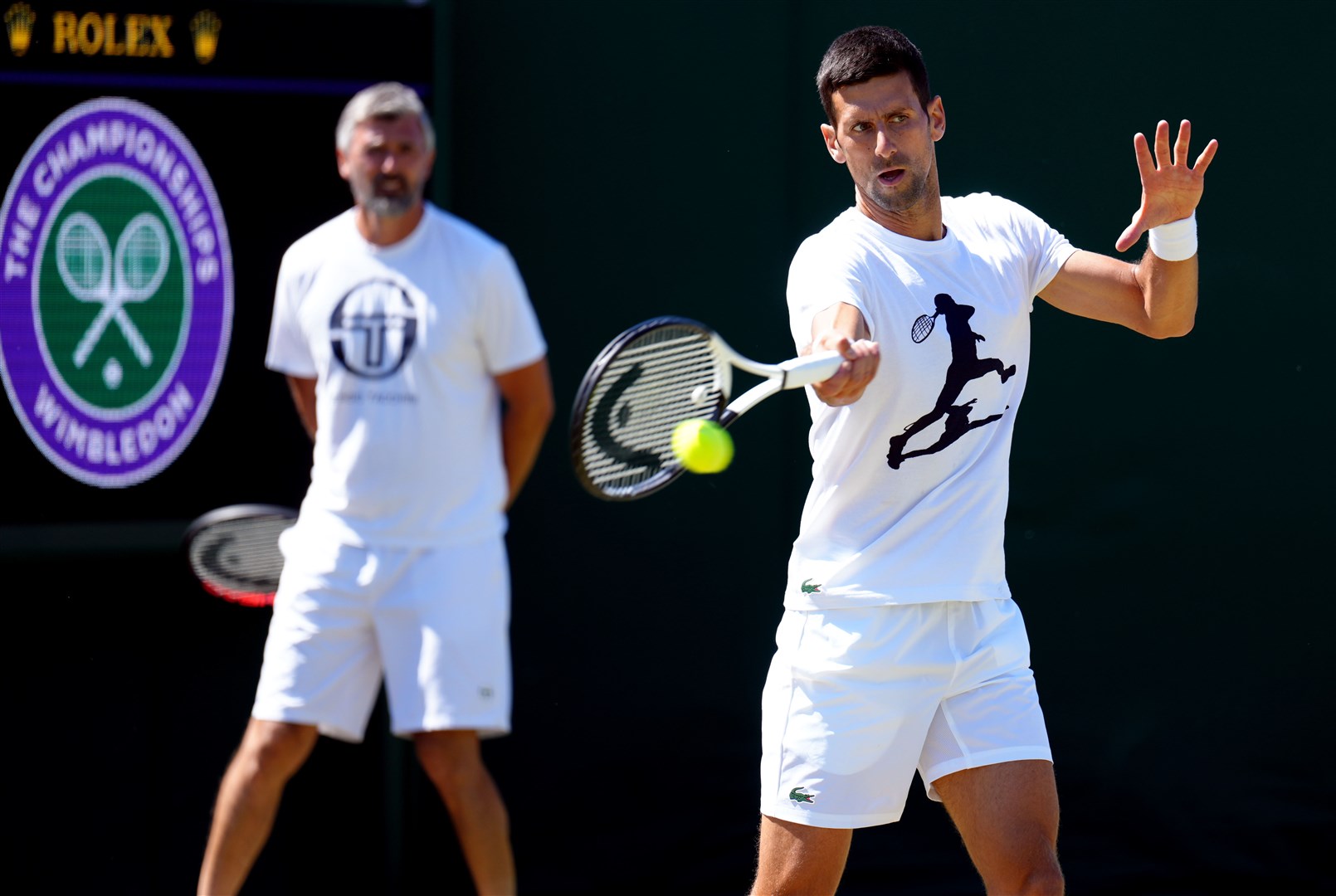 Novak Djokovic during a practice session on the men’s singles final day of the 2022 Wimbledon Championships (John Walton/PA)