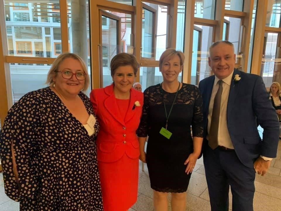(From left to right): Debi Weir is joined by First Minister Nicola Sturgeon, Debbie Kelly and Moray MSP Richard Lochhead.