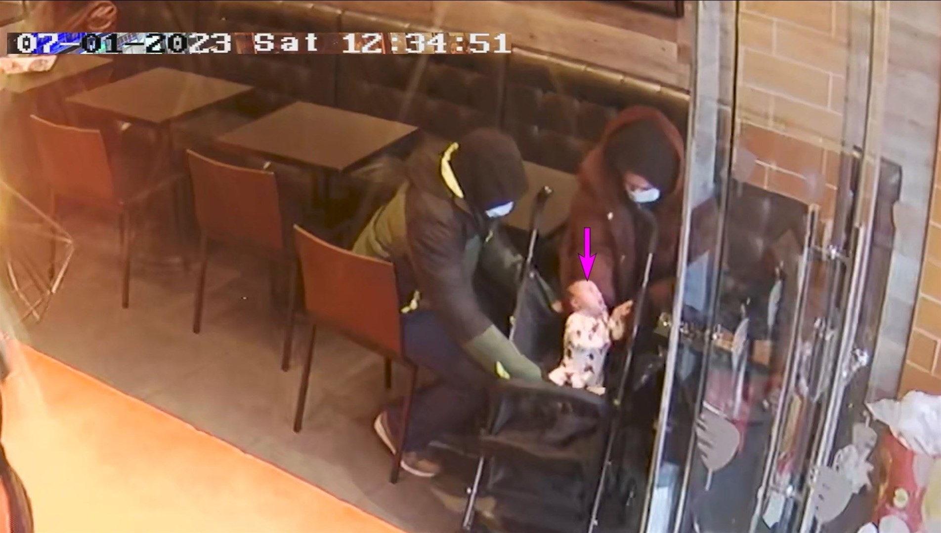 CCTV footage of Constance Marten, Mark Gordon and baby Victoria in a kebab shop in East Ham, London (Met Police/PA)