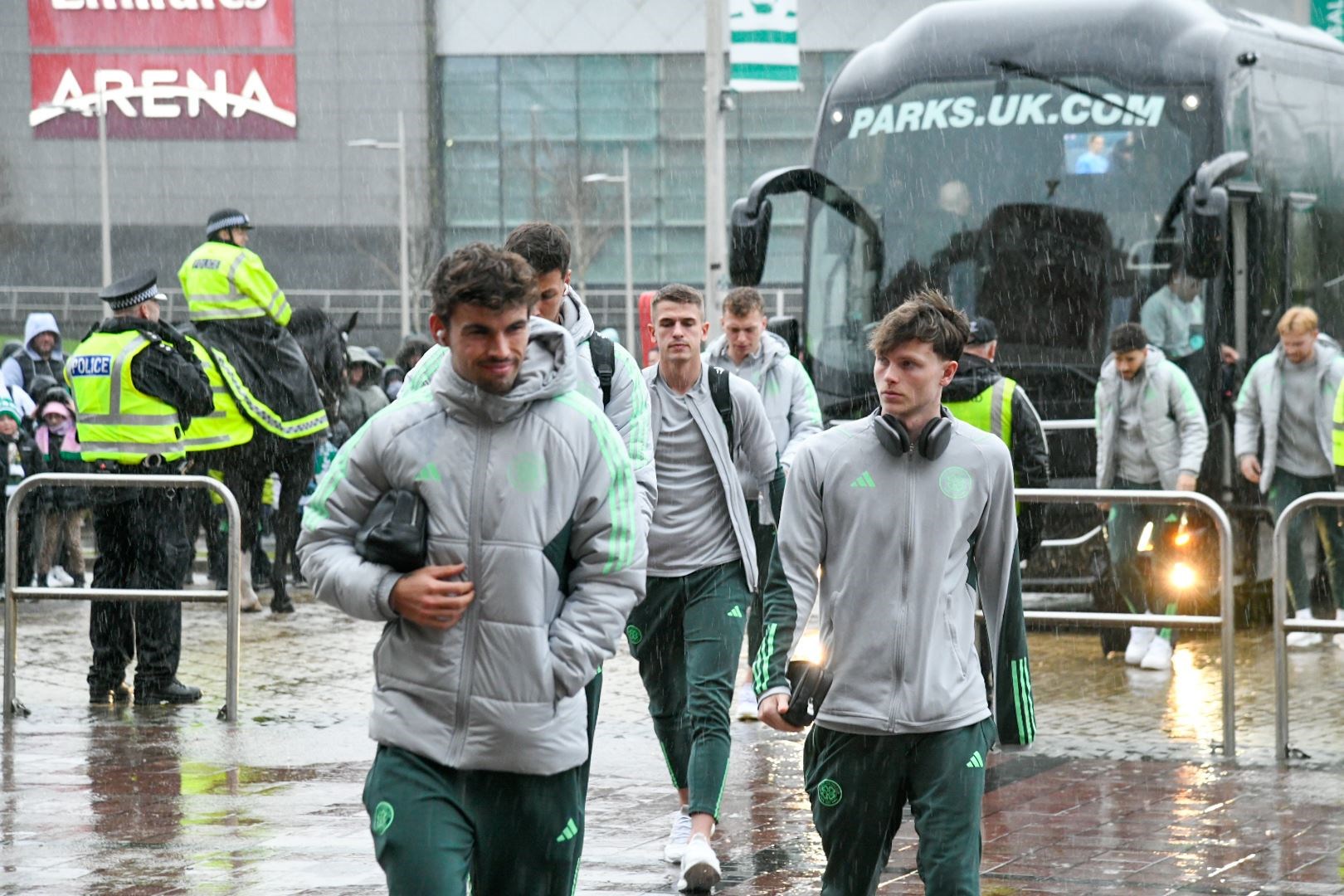 Cetlic players, led by Denmark international Matt O'Riley, arrive at Parkhead. Picture: Beth Taylor