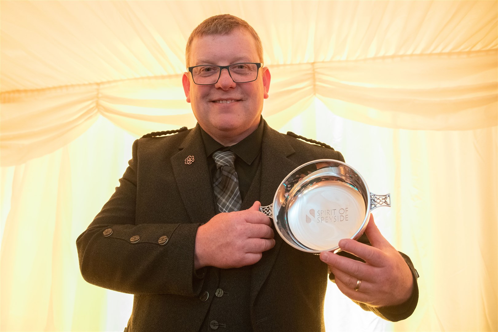 Keith Brian was presented with the Unsung Hero award...2023 Spirit of Speyside Whisky Festival Opening Dinner, held at Dallas Dhu Distillery...Picture: Daniel Forsyth..