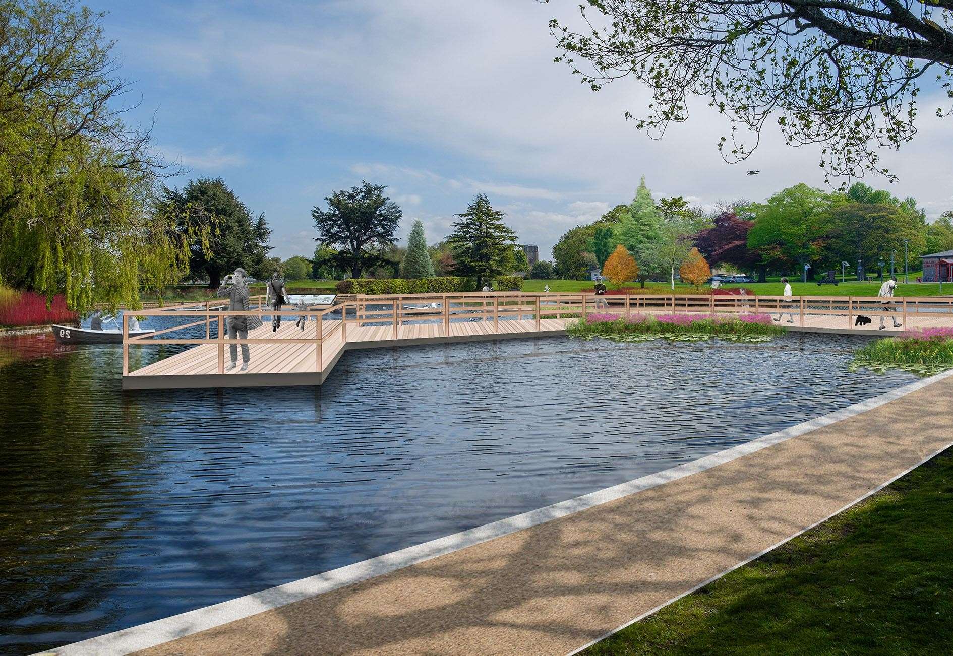 The pond and boardwalk at Cooper Park in Elgin after a potential regeneration.