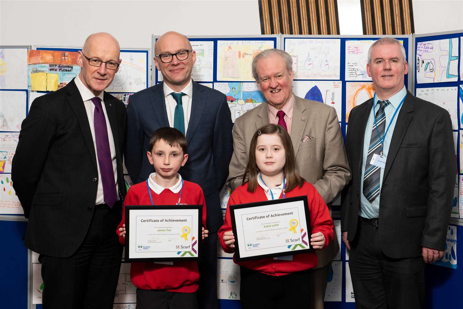Katie Leith pictured with Fraserburgh pupil James Tait and (from left) Deputy First Minister John Swinney, Brian Lironi of Scottish Water, Banffshire and Buchan Coast MSP Stewart Stevenson and Thane Lawrie, of Scarf.