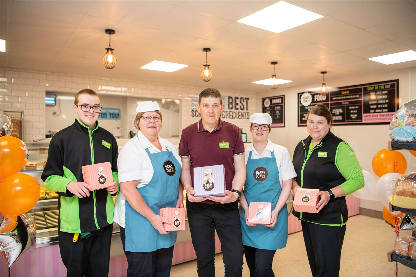 Harry Gow has opened a new shop in Asda Elgin. From left, Craig Main, Asda; Morag Mackenzie, Harry Gow; Les Tyson, Operations Manager, Asda; Nicola Ewen, Manager, Harry Gow; and Diane Stephens, Asda.